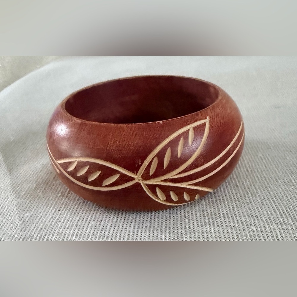 Carved Wooden Bangle Bracelet in Warm Brown with Cream Inlay